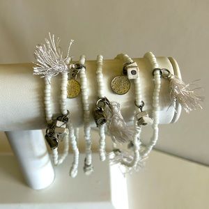 Vintage Natural White Jasper Seed Beads & Silver Charms Beaded Bracelet Set of 6